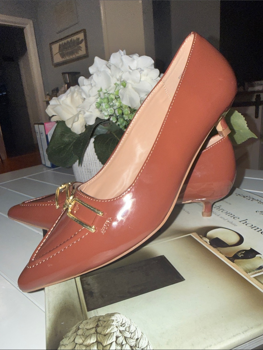 Journee Collection Rust Brown Pointed Toe Kitten Heel Loafer with Gold Buckle - Picture 2 of 8